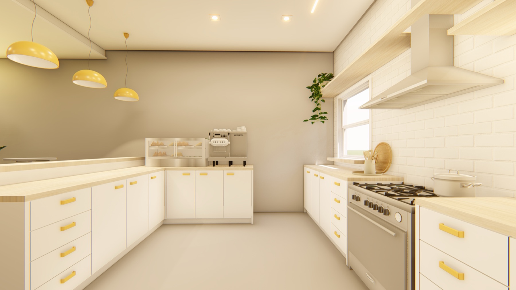 Projeto 3D: cozinha branca com bancada em madeira clara